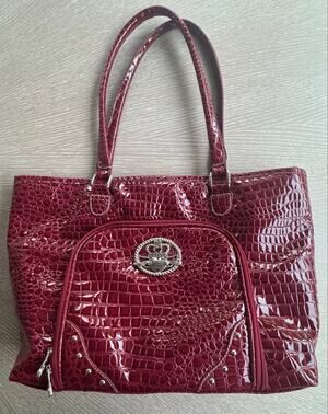 Kathy Van Zeeland Burgundy Patent Croc Travel Tote Bag Dowel 16" Y2K Vtg